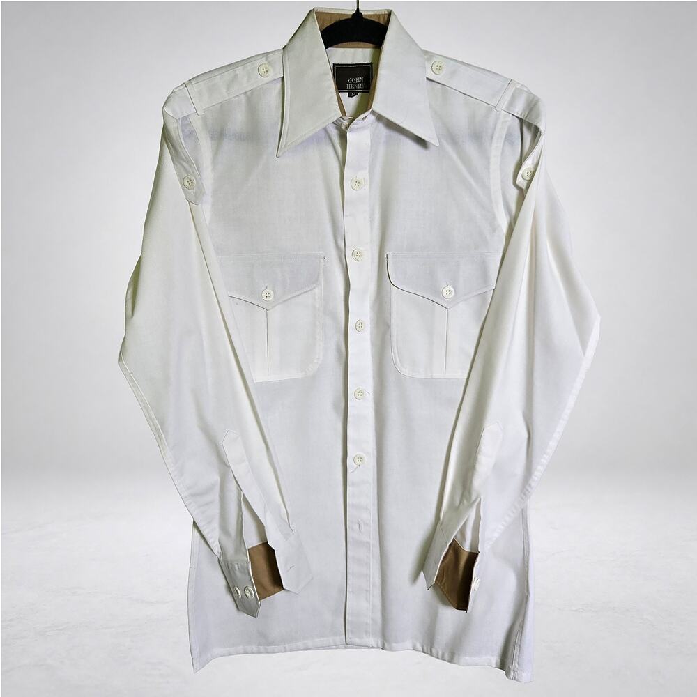 John Henry Cricket Shirt Mens Small White Khaki Trim Epaulet Long Sleeve Vintage